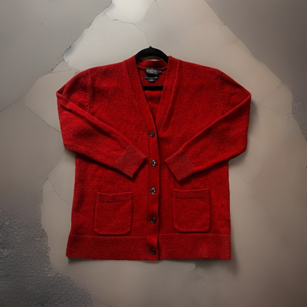 Pendleton Boyfriend Shetland Wool Cardigan V-Neck Preppy Minimalist Rust Medium